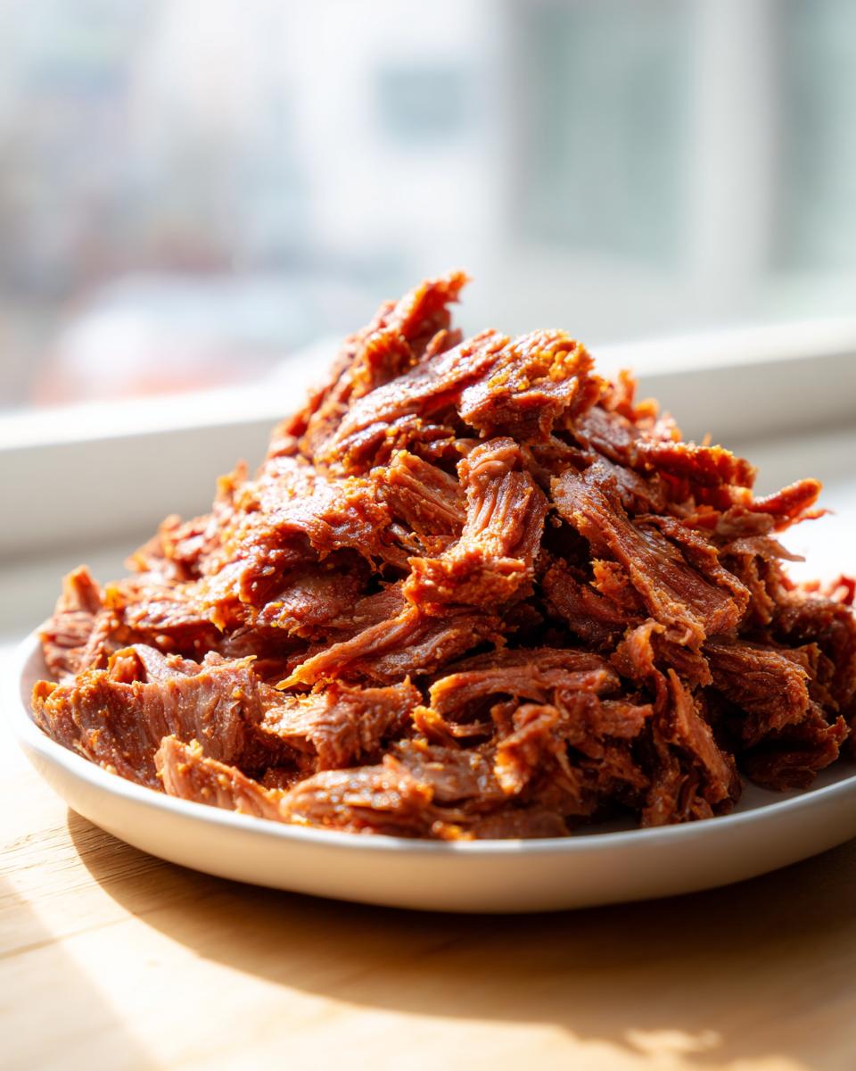 A mound of richly seasoned, shredded meat ready to be used for homemade doner kebab, served on a white plate.