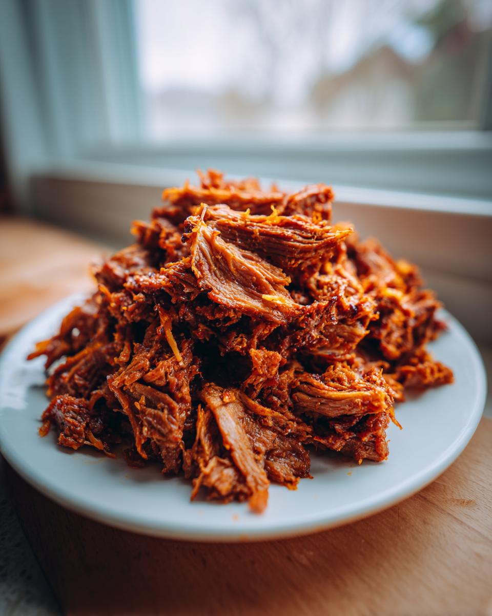 A mound of richly seasoned, shredded meat ready for homemade doner kebab, served on a white plate.