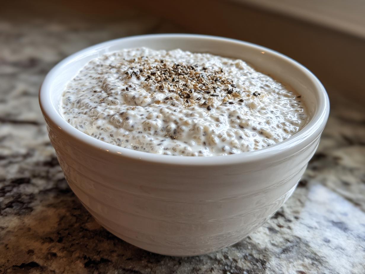 Close-up of creamy chia seed pudding topped with seeds in a white bowl.