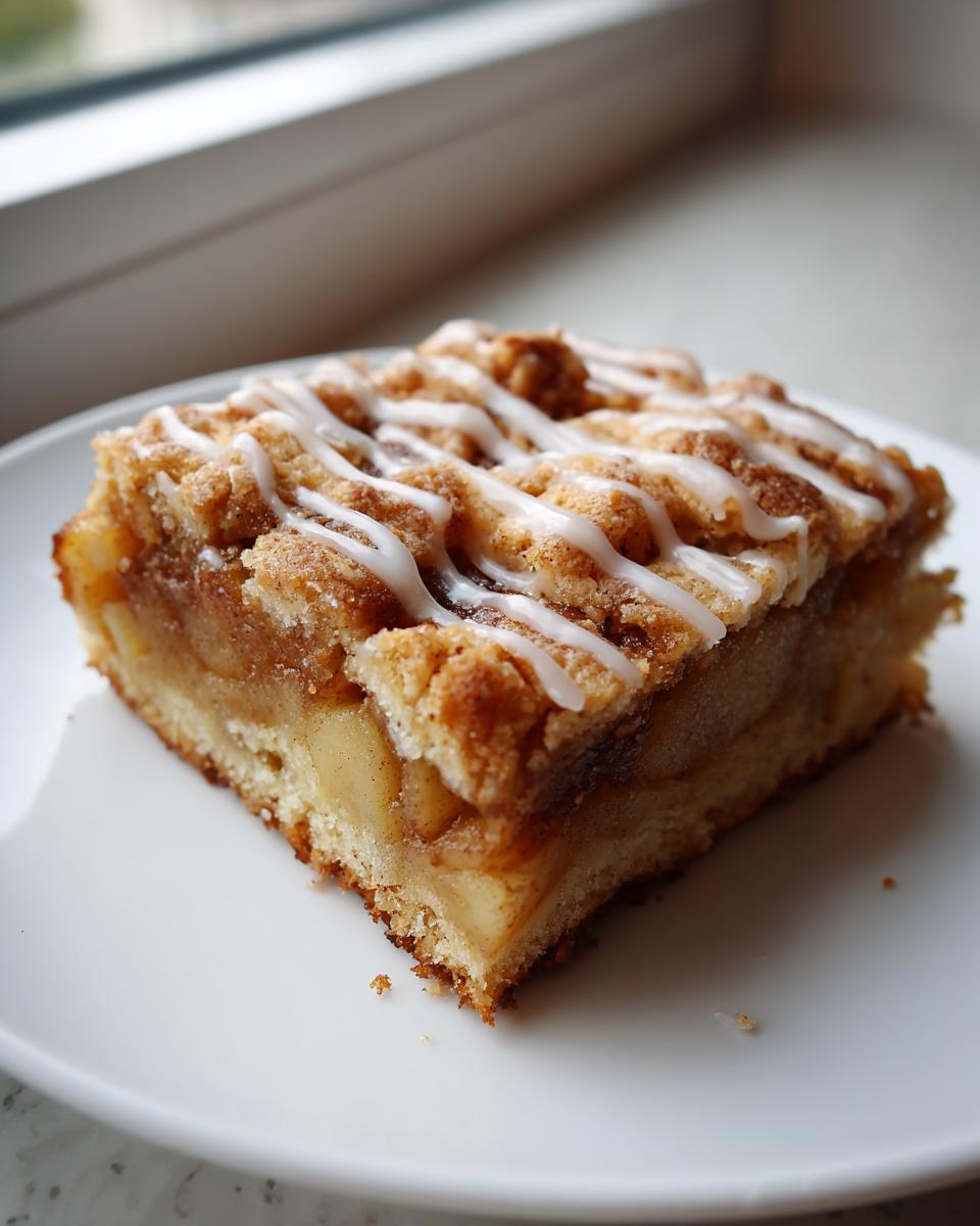 A square slice of apple pie bars with a crumb topping and white icing drizzle on a white plate.