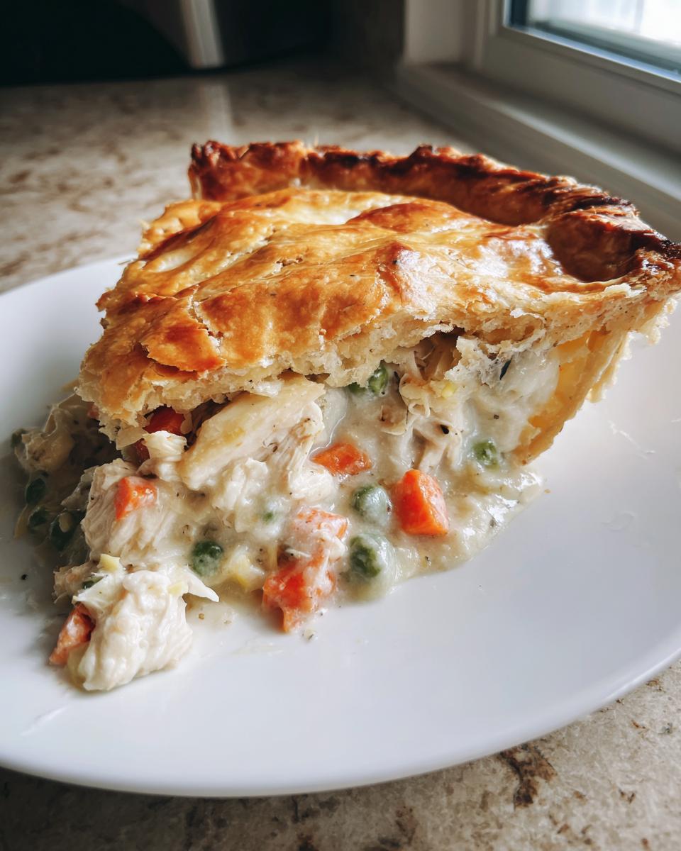 A close-up slice of homemade chicken pot pie showing flaky golden crust and creamy filling with chicken, carrots, and peas.