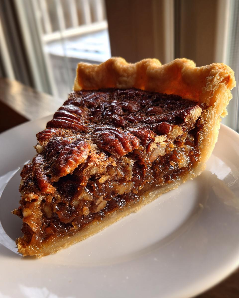 A close-up slice of gooey pecan pie with a rich, dark filling and whole pecans on top, served on a white plate.