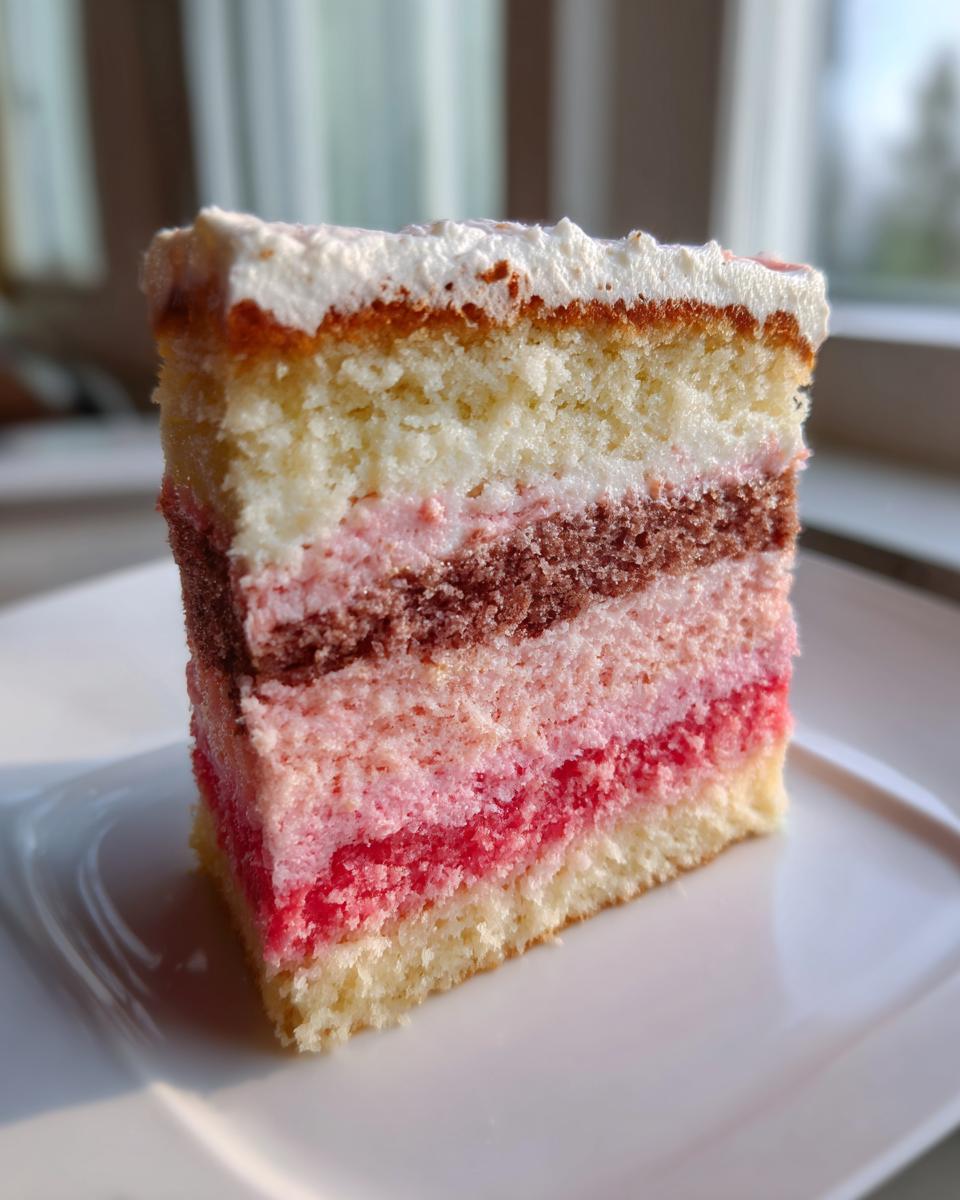 A close-up slice of a multi-layered neapolitan cake showing vanilla, chocolate, and pink/red layers on a white plate.