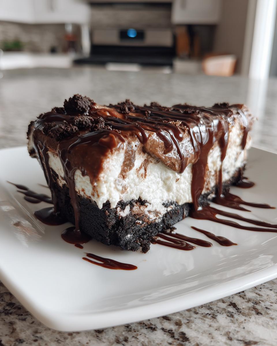 A decadent slice of Mississippi Mud Pie featuring a dark crust, creamy filling, and rich chocolate drizzle.