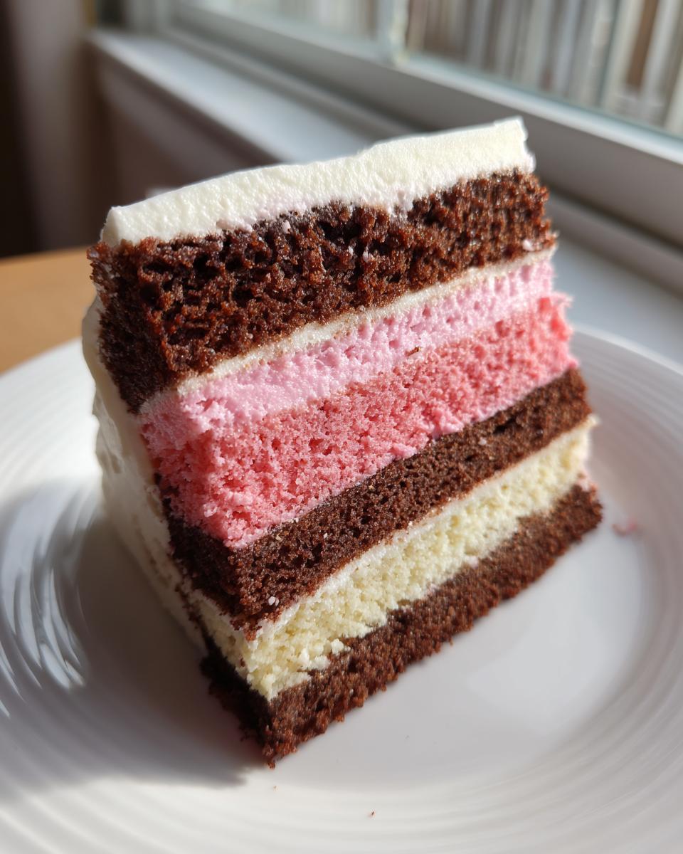 Close-up of a slice of neapolitan cake showing chocolate, pink, and white layers with white frosting.