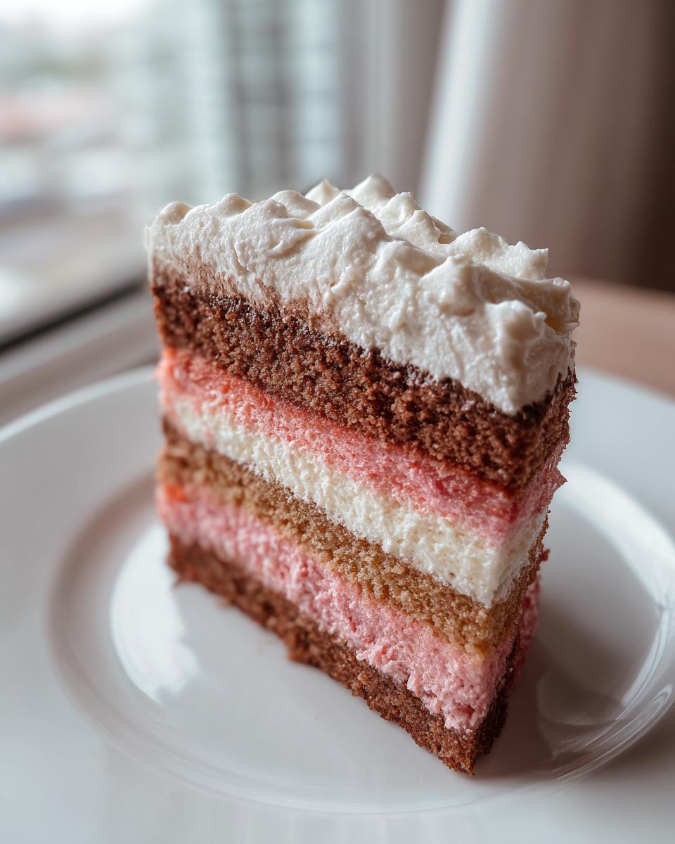 Close-up of a tall slice of neapolitan cake showing distinct chocolate, pink, and white layers topped with piped cream.
