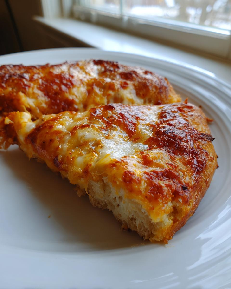 Close-up of a thick slice of baked cottage cheese pizza crust topped with melted, browned cheese and sauce.