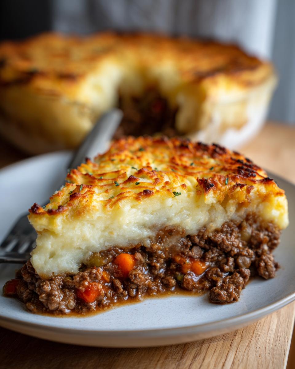 A generous slice of cottage pie recipe showing rich meat filling and fluffy, browned mashed potato topping.