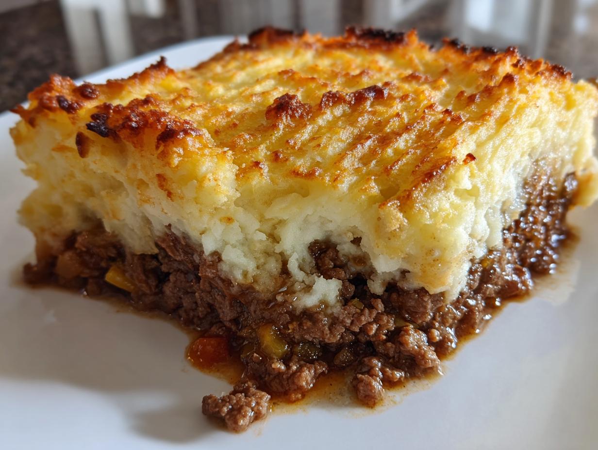 Close-up of a thick slice of cottage pie recipe showing rich meat filling and a crispy, golden mashed potato topping.