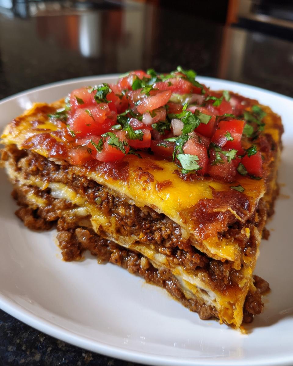 A close-up slice of layered taco pie with seasoned ground beef, melted cheese, and topped with fresh pico de gallo.
