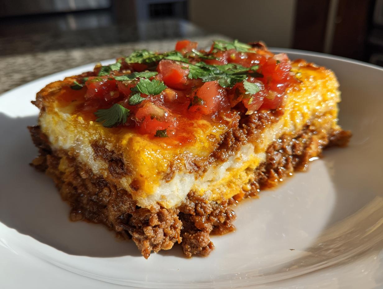 A thick slice of layered taco pie featuring seasoned ground beef, cheese, and topped with fresh salsa and cilantro.