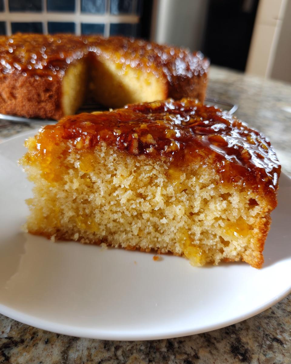 Close-up of a slice of moist pecan upside down cake showing the rich, glossy caramel and pecan topping.