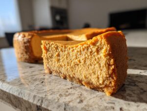 Close-up of a thick slice of creamy pumpkin cheesecake resting on a granite counter with the rest of the pumpkin cheesecake in the background.
