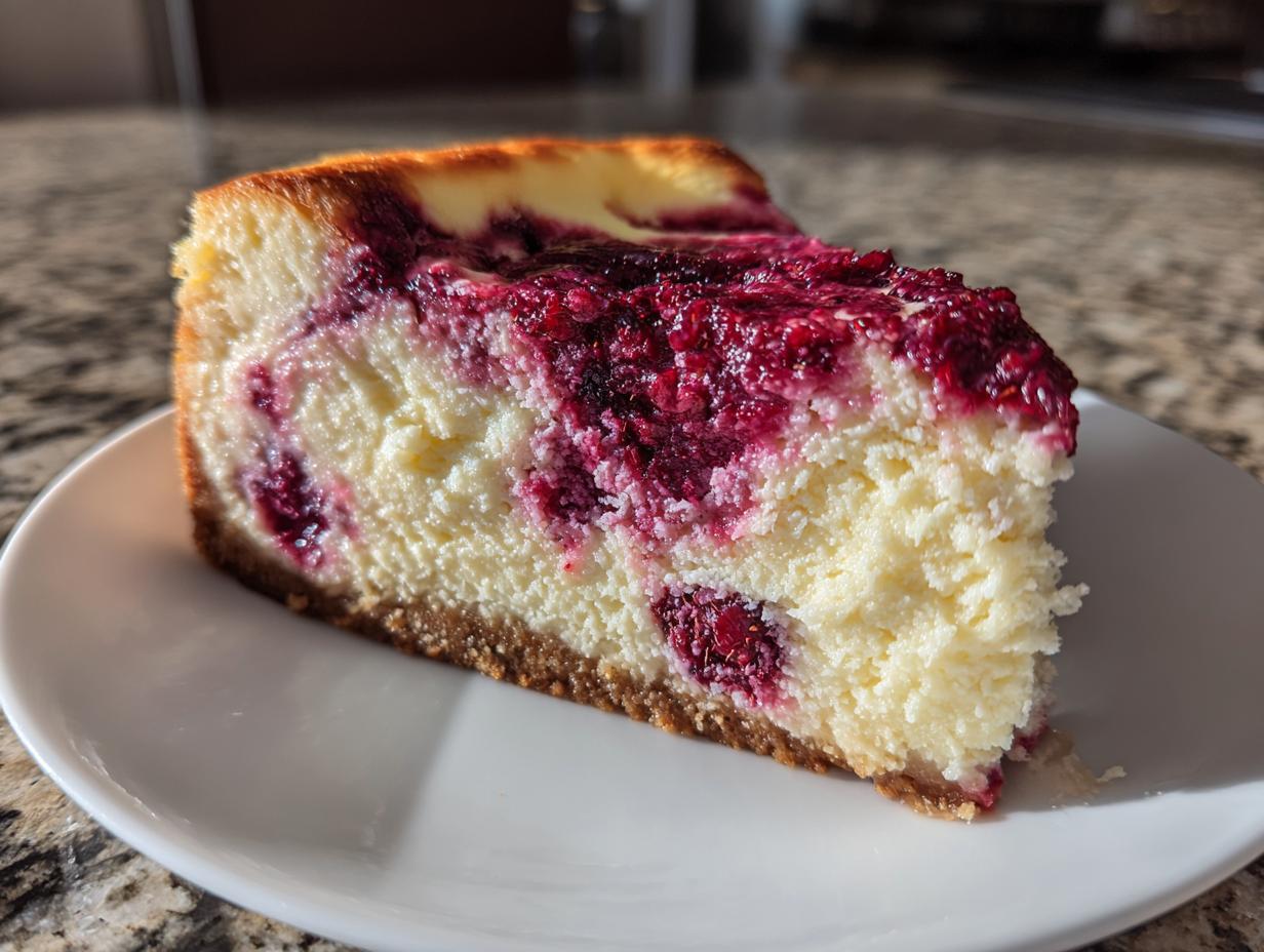 A close-up of a thick slice of creamy raspberry cheesecake on a white plate, showing the graham cracker crust.
