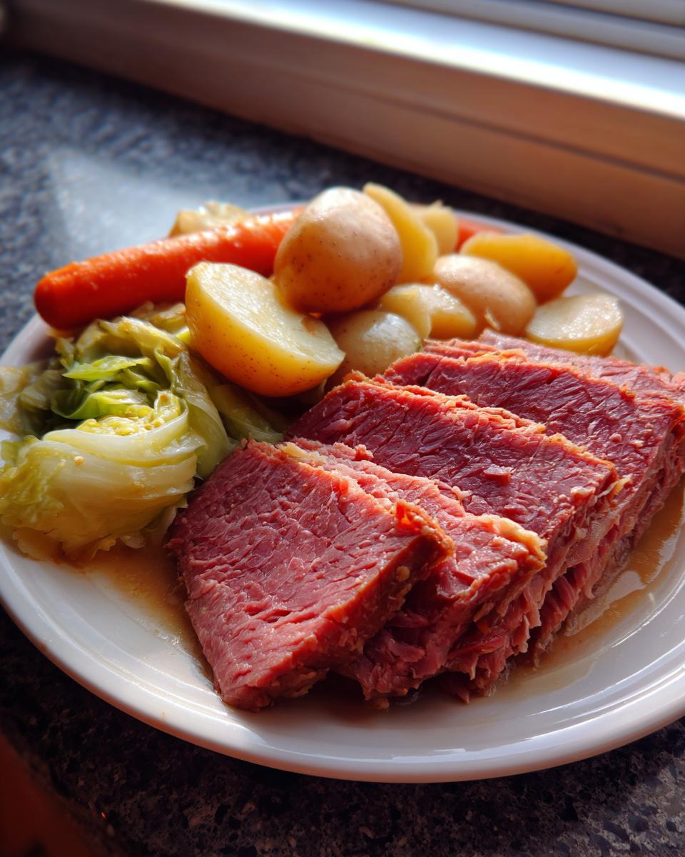 Slices of tender corned beef served on a white plate with boiled potatoes, carrots, and cabbage.