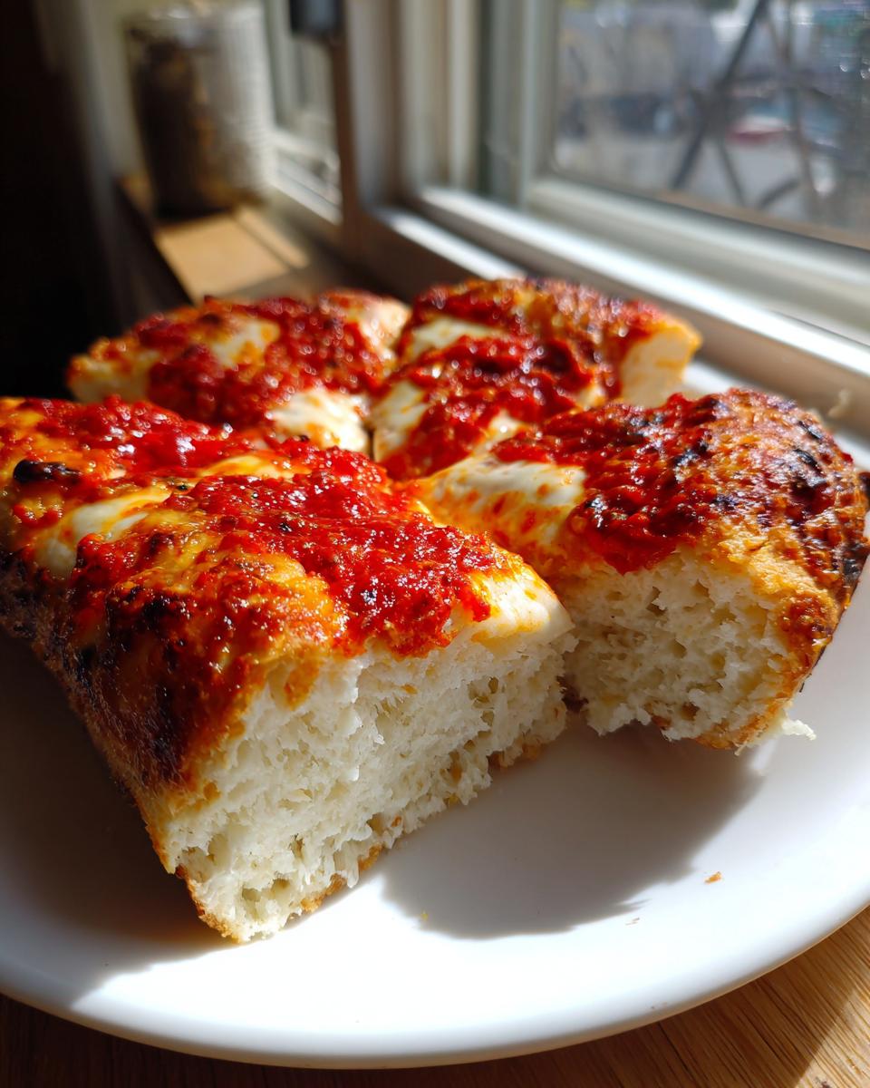 Close-up of thick, fluffy slices of pizza made with cottage cheese pizza crust, topped with bright red sauce and melted cheese.
