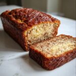 A loaf of freshly baked snickerdoodle banana bread, partially sliced, showing a moist interior with cinnamon swirls.