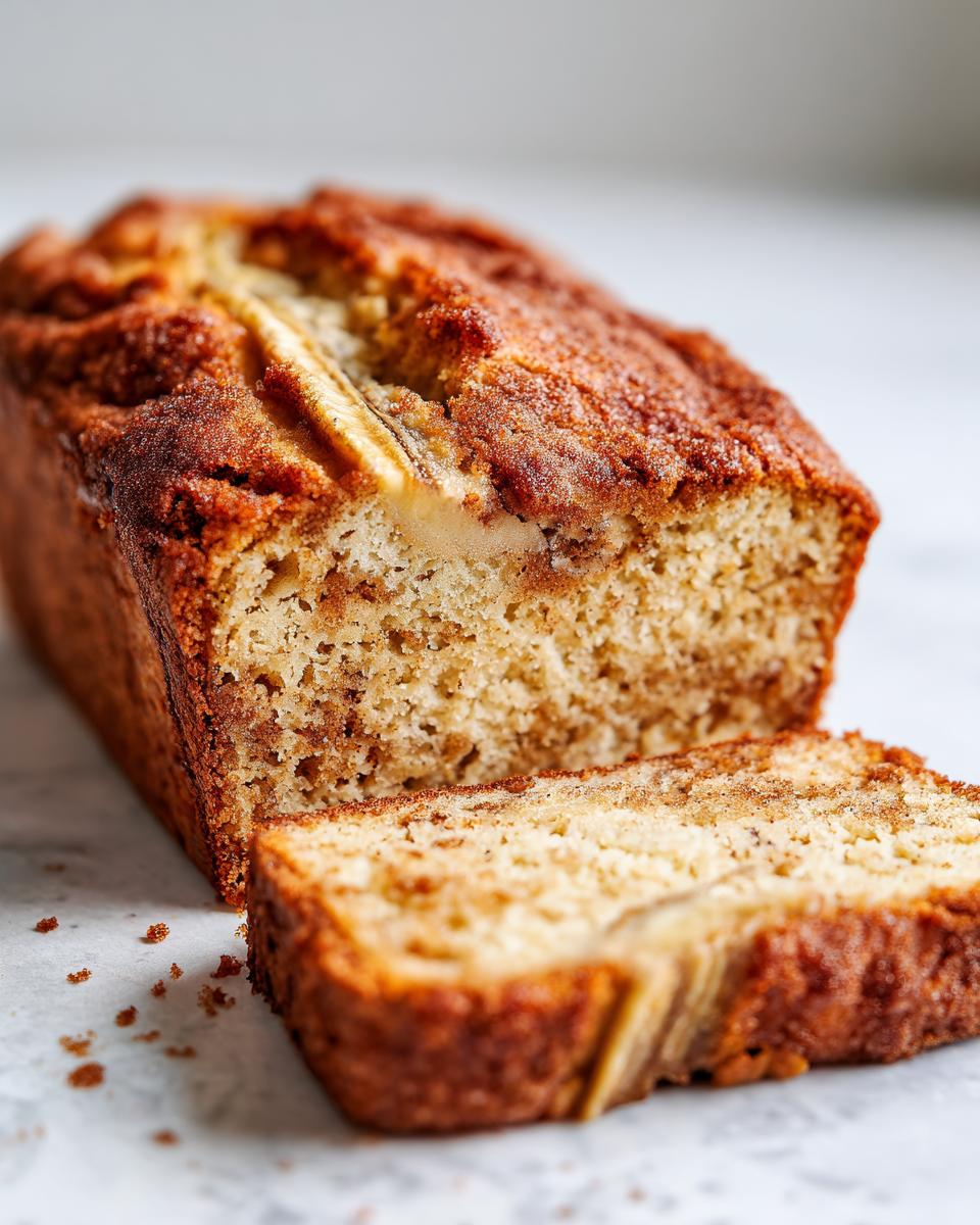 Close-up of a loaf of snickerdoodle banana bread with one slice cut, showing the moist crumb and cinnamon swirl.
