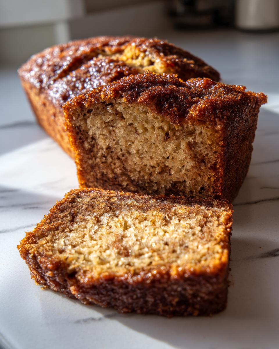 A close-up of sliced snickerdoodle banana bread featuring a moist crumb and a sugary cinnamon topping.