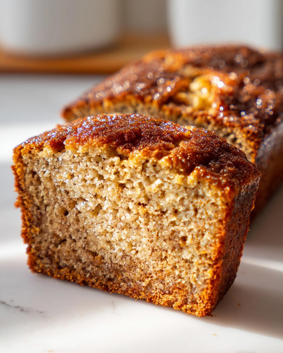 A thick slice of moist snickerdoodle banana bread showing a sugary, cinnamon-crusted top.