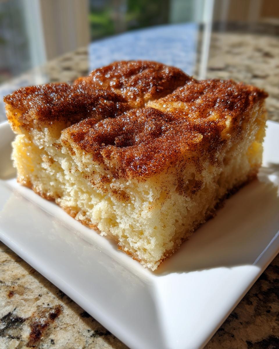 A square slice of moist snickerdoodle cobbler topped generously with cinnamon sugar, served on a white plate.