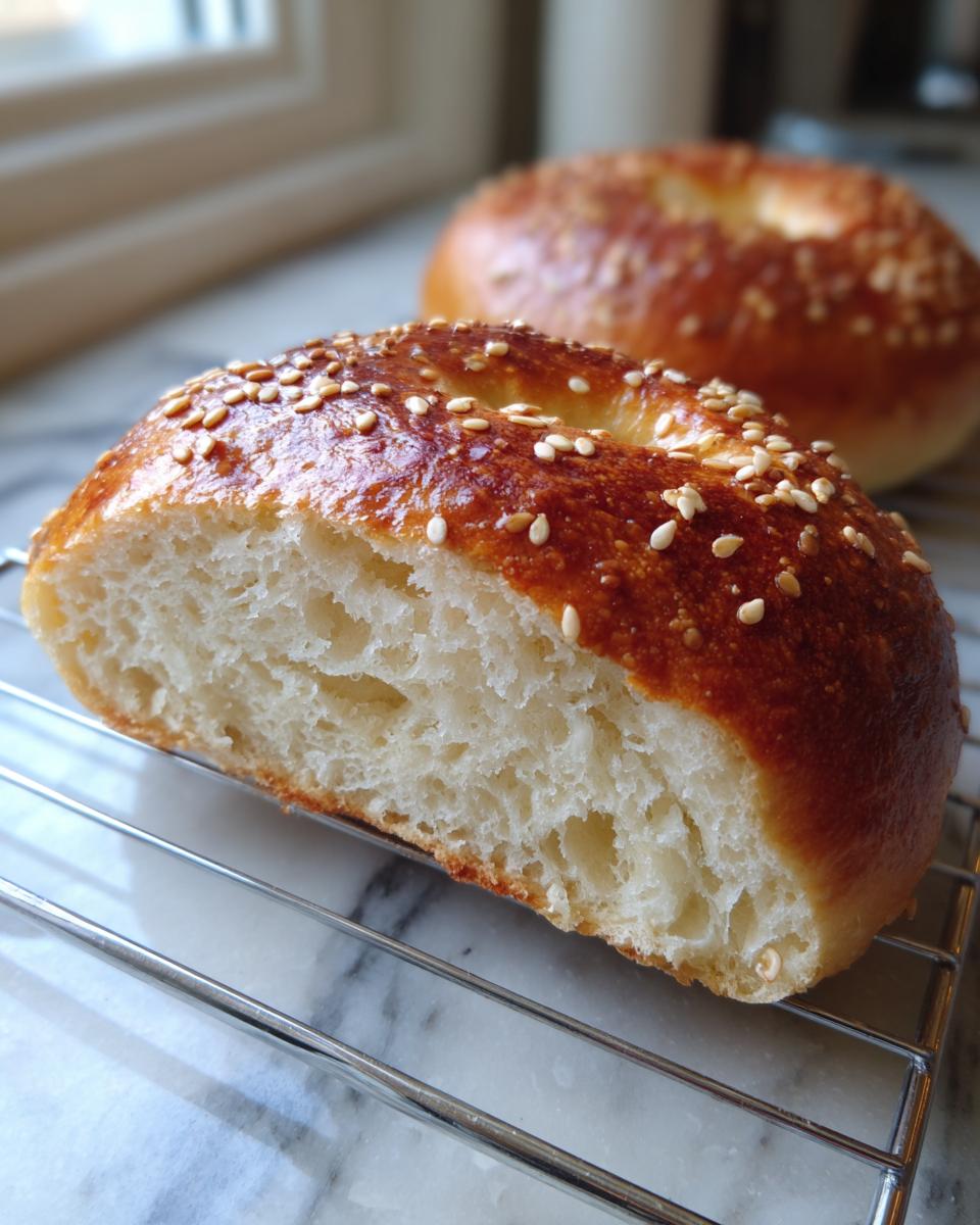 Close-up of a halved sourdough discard bagel showing the soft, airy interior and shiny, sesame-topped crust.