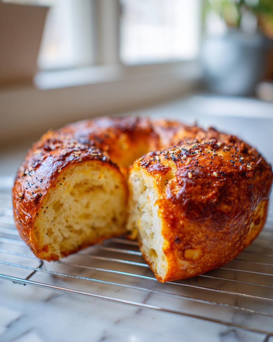 A golden-brown sourdough discard bagel, sliced open to show the soft interior, resting on a wire cooling rack.