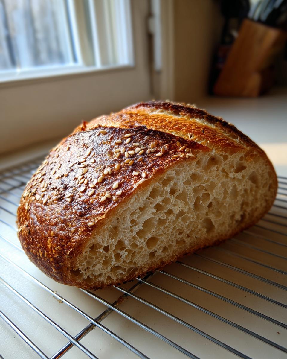 Close-up of a freshly baked loaf, showing the open crumb structure and sesame seed crust, related to sourdough discard bagels.