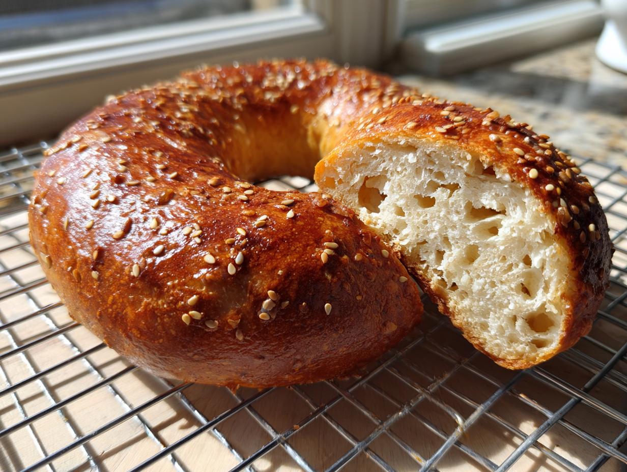 A shiny, golden brown sourdough discard bagel topped with sesame seeds, cut open to show the airy interior.