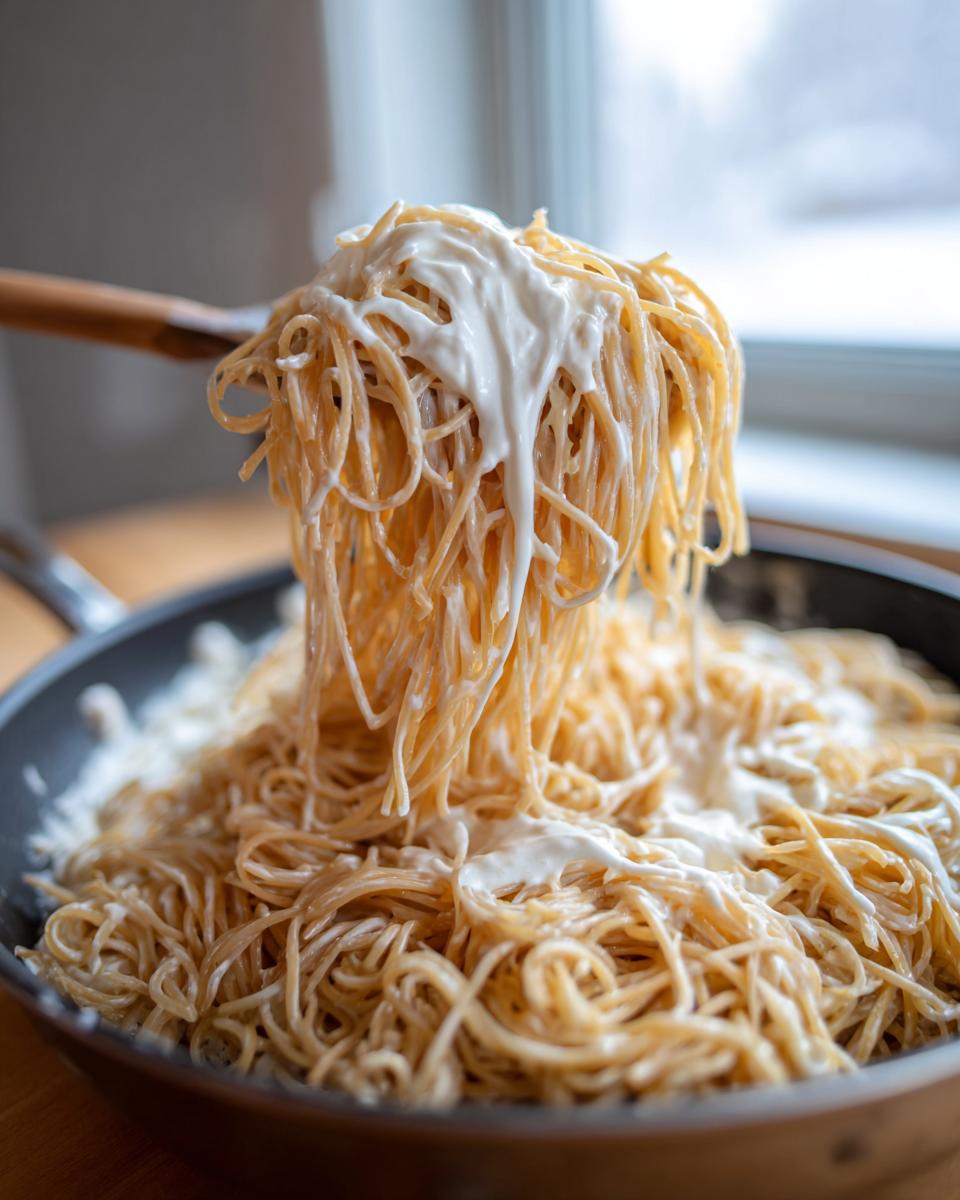 A wooden utensil lifts a large portion of spaghetti coated in creamy cottage cheese alfredo sauce from a skillet.