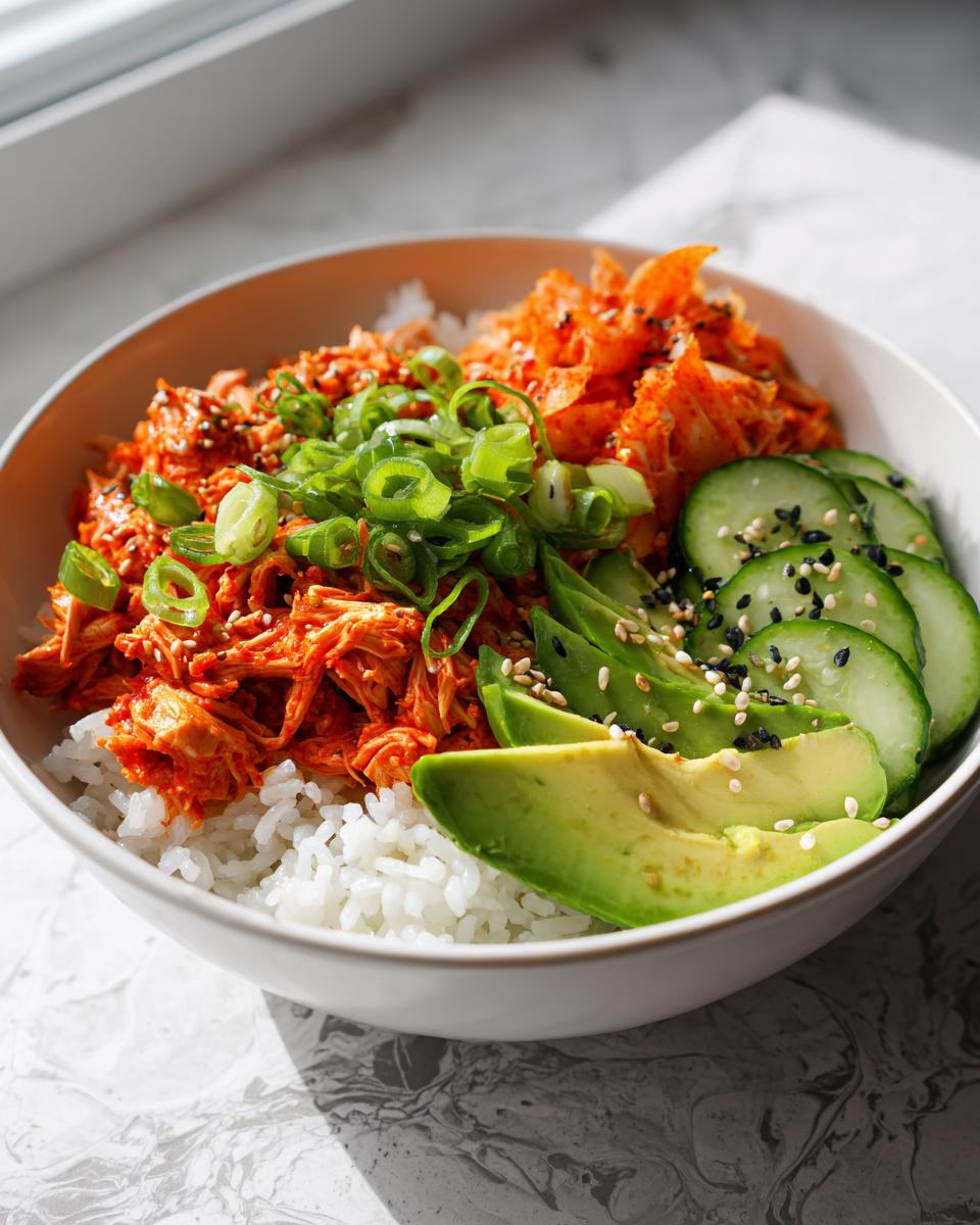 Close-up of a spicy crab sushi bowl featuring rice, bright red spicy crab mix, sliced avocado, cucumbers, and green onions.