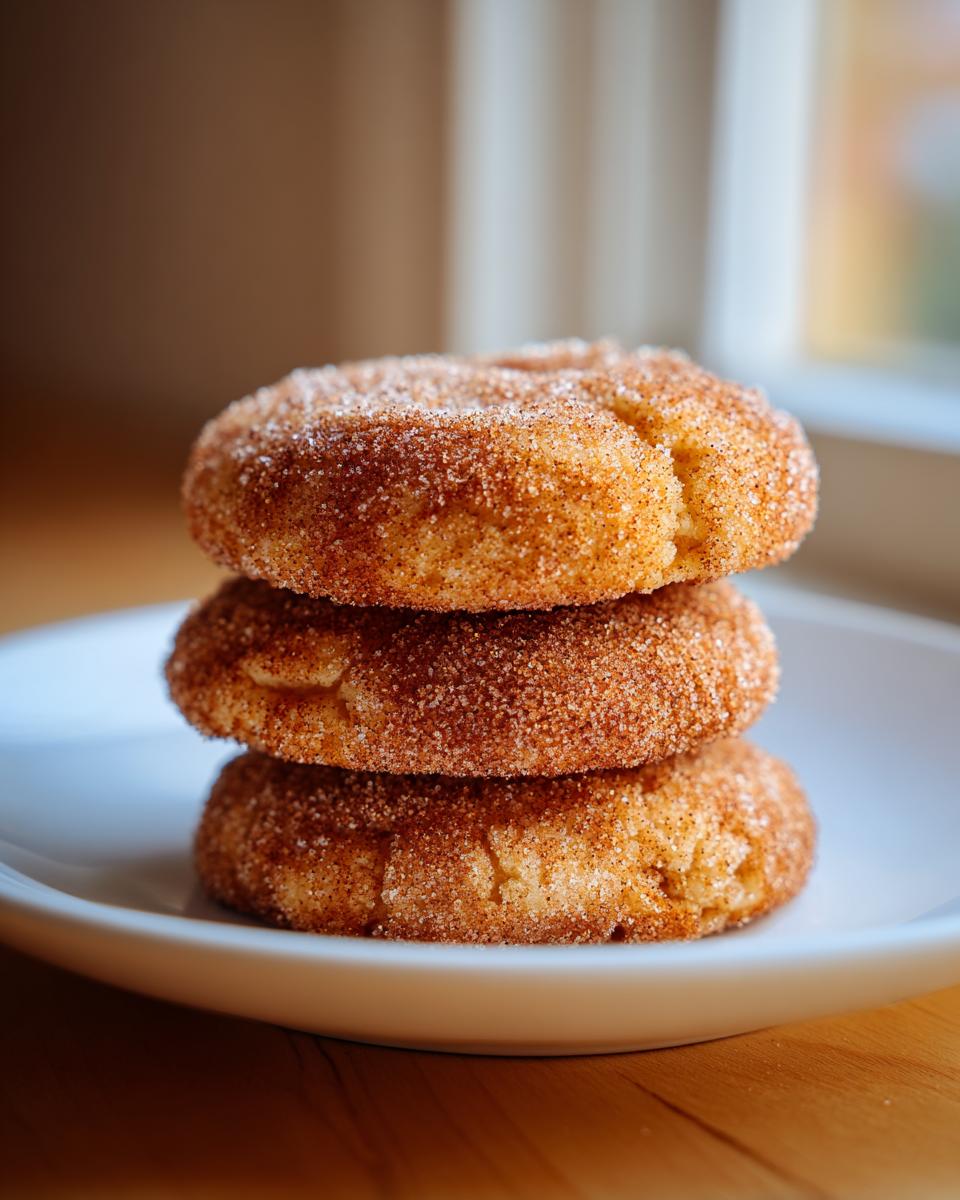 Three delicious churro cookies stacked on a white plate, coated in cinnamon sugar.
