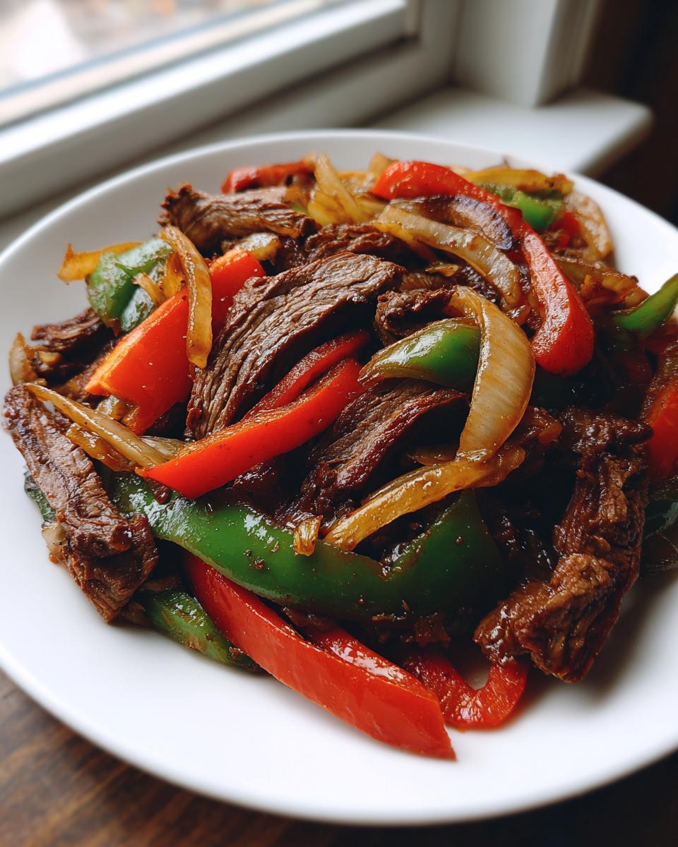 A white bowl filled with sizzling steak fajitas, featuring strips of seasoned beef, red bell peppers, green peppers, and onions.