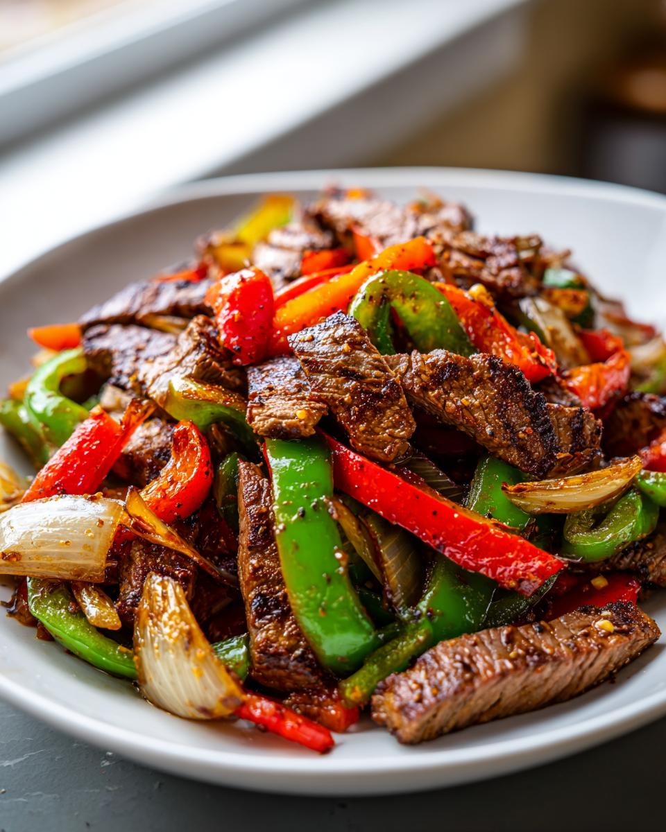 A close-up shot of sizzling steak fajitas mixed with vibrant red and green bell peppers and onions on a white plate.