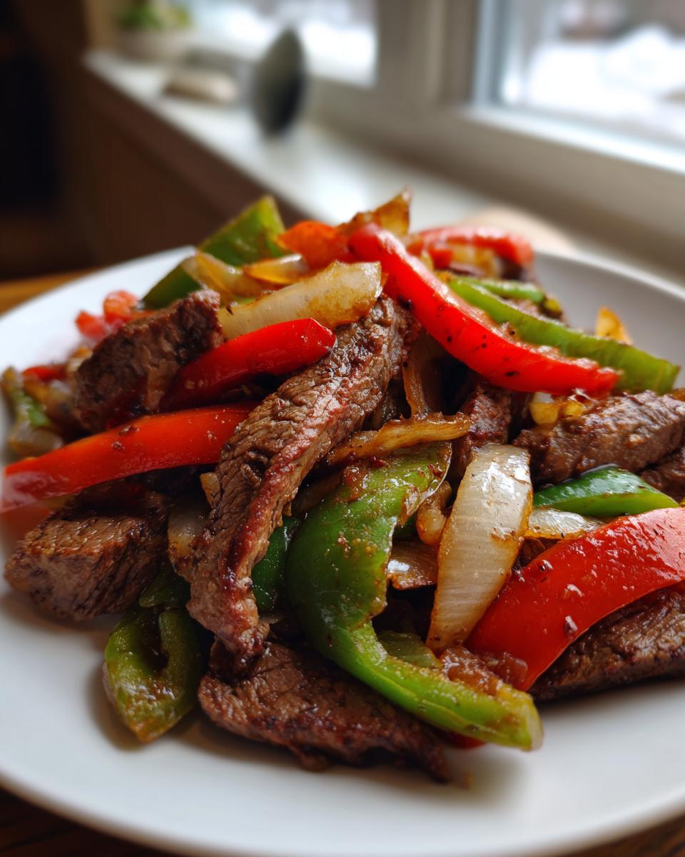 Close-up of perfectly cooked steak fajitas mixed with vibrant red and green bell peppers and caramelized onions.