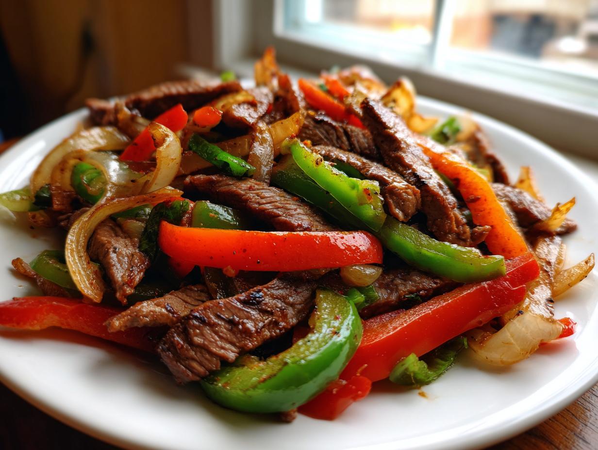 A close-up view of perfectly cooked steak fajitas featuring strips of seasoned beef mixed with vibrant red and green bell peppers and onions.