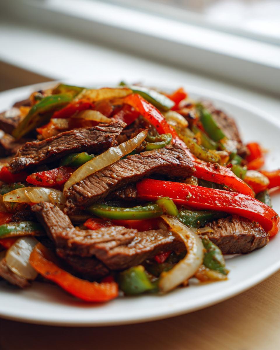 Close-up of sizzling steak fajitas mixed with sliced red, green peppers, and onions served on a white plate.