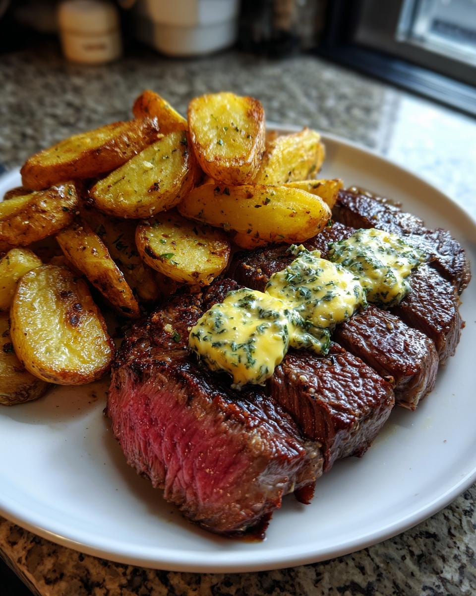 A medium-rare steak frites, sliced and topped with melting herb butter, served alongside golden roasted potatoes.