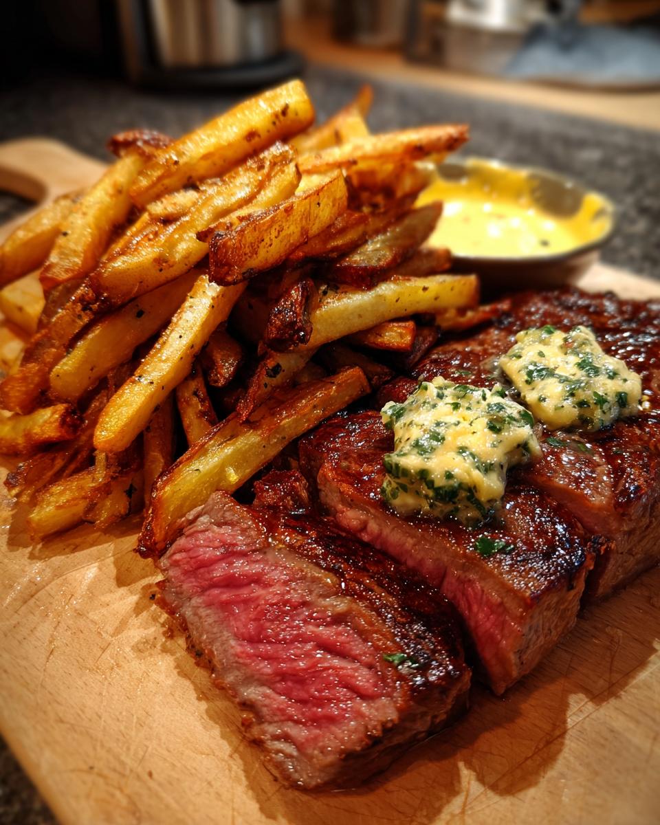 Close-up of perfectly cooked steak frites, showing medium-rare steak topped with melting herb butter and a side of crispy fries.