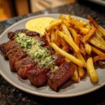 A plate featuring perfectly cooked, sliced steak frites topped with melting herb butter and a side of golden french fries.