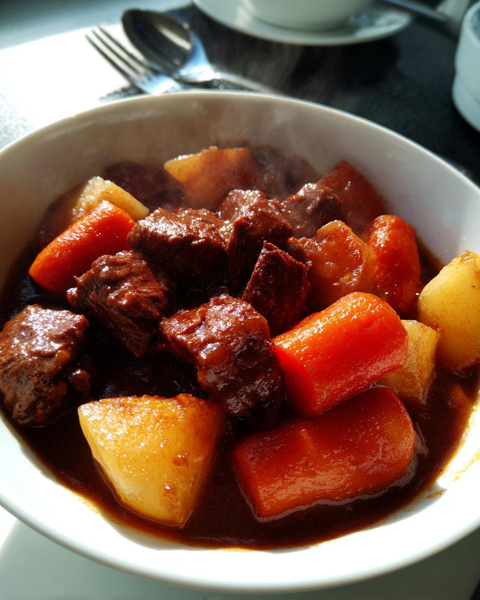 Close-up of a steaming white bowl filled with rich, dark beef stew chunks, bright orange carrots, and potatoes.