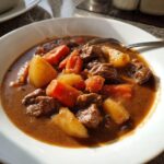 Close-up of a steaming white bowl filled with rich, brown beef stew chunks, carrots, and potatoes.