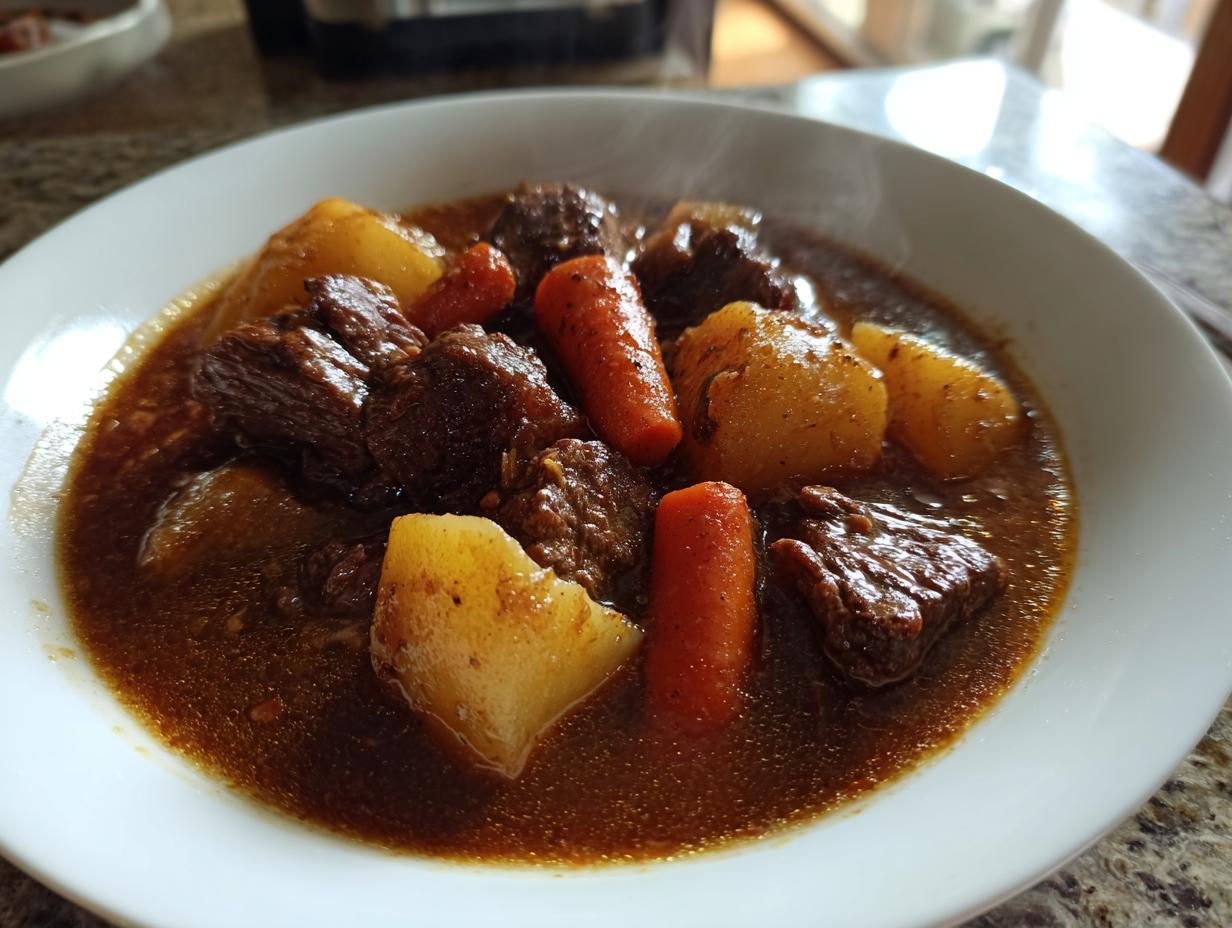 Close-up of a steaming white bowl filled with rich, dark brown beef stew, featuring chunks of tender beef, potatoes, and carrots.