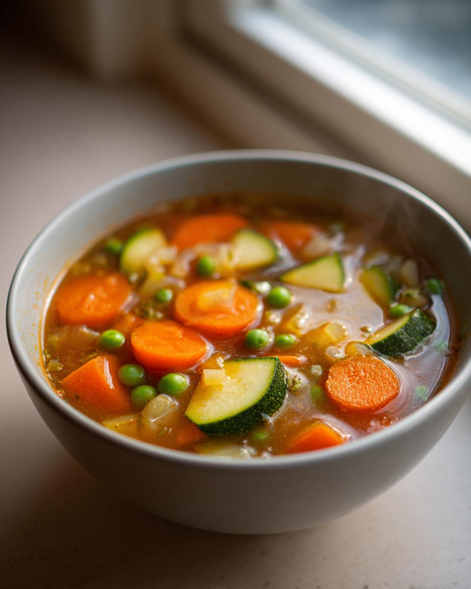 Close-up of a steaming bowl filled with rich broth vegetable soup featuring carrots, zucchini, and peas.