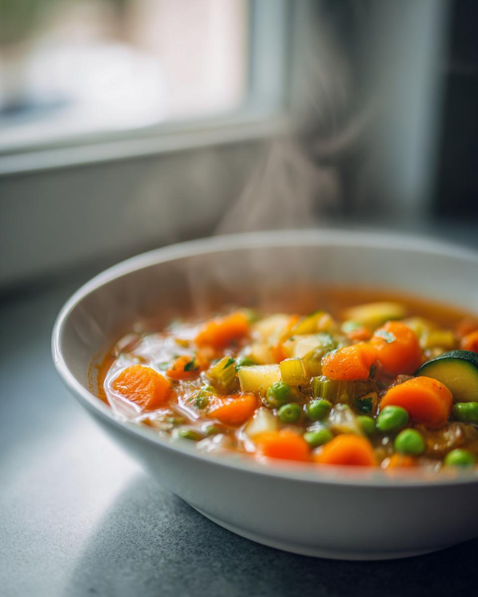 Close-up of a steaming white bowl filled with chunky vegetable soup featuring carrots, peas, and zucchini.