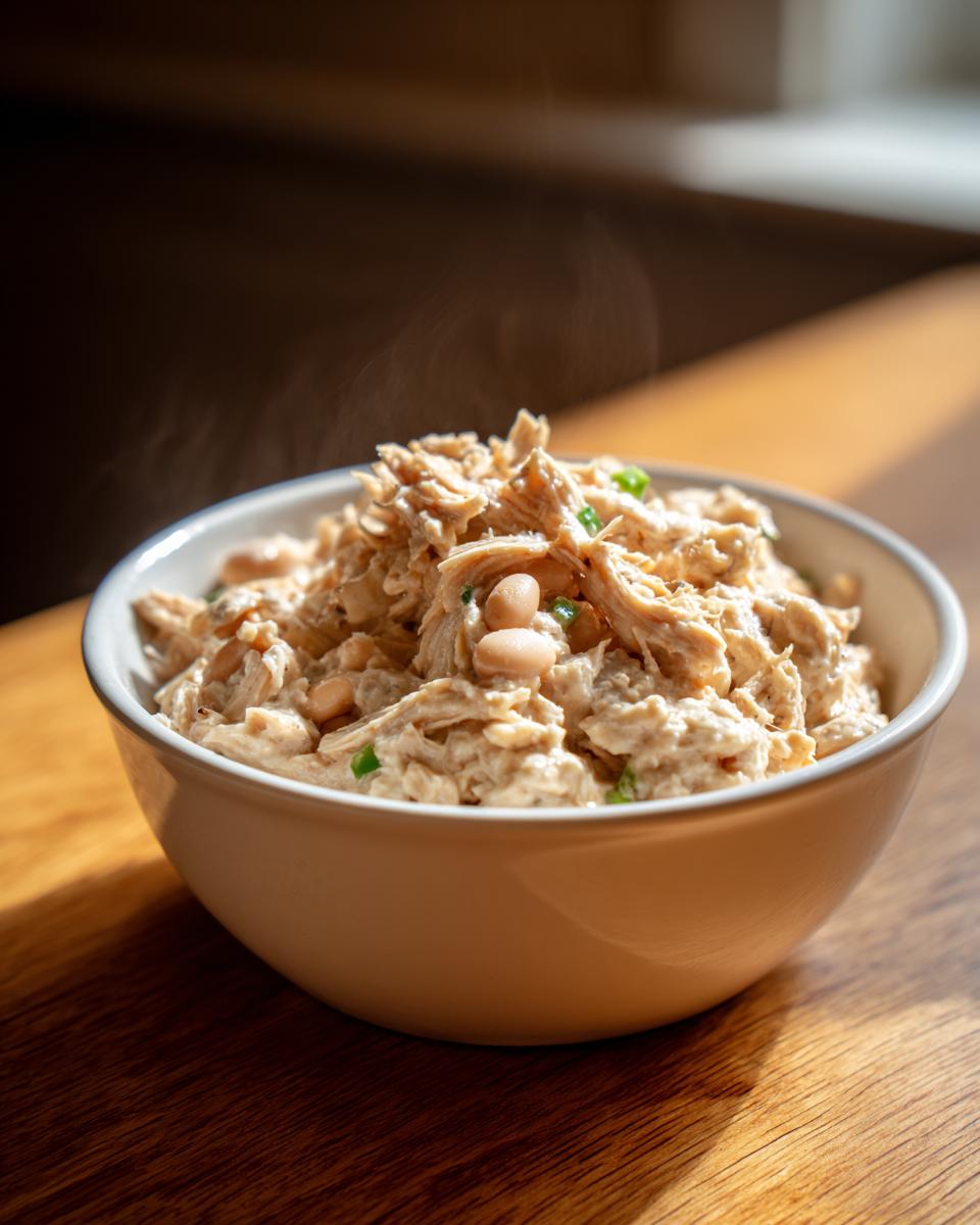 Close-up of a steaming bowl filled with creamy white chicken chili, featuring shredded chicken and white beans.