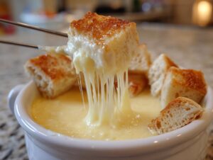 A piece of toasted bread is lifted from a white bowl of creamy cheese fondue recipe, showing long, stretchy cheese pulls.