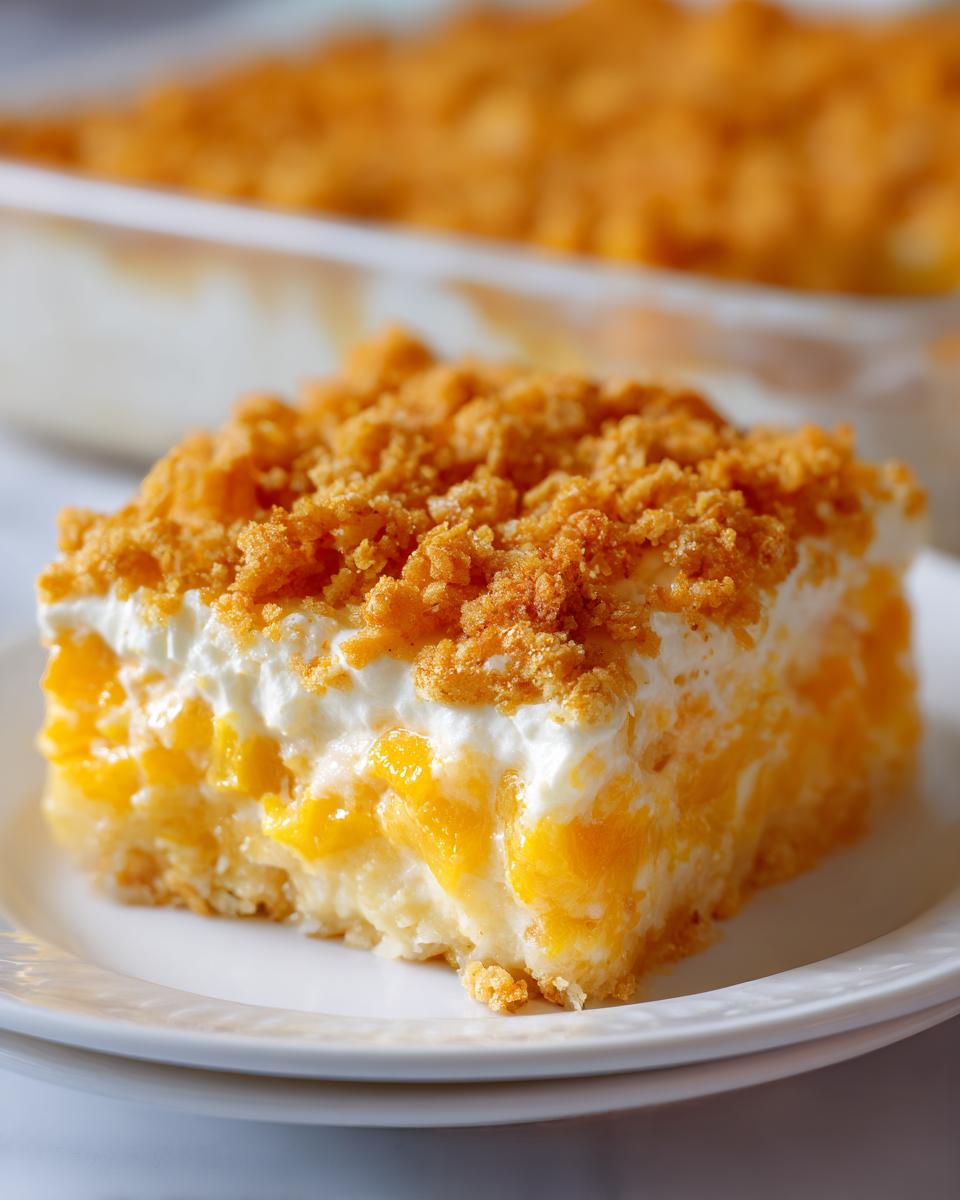 Close-up of a layered slice of sweet squash casserole with a creamy filling and crunchy topping.