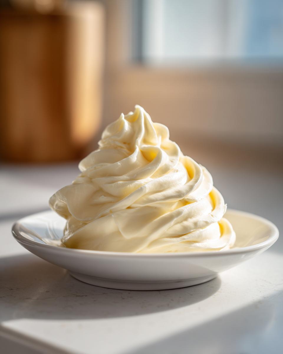 A tall swirl of creamy, pale yellow homemade mayonnaise served in a small white dish.