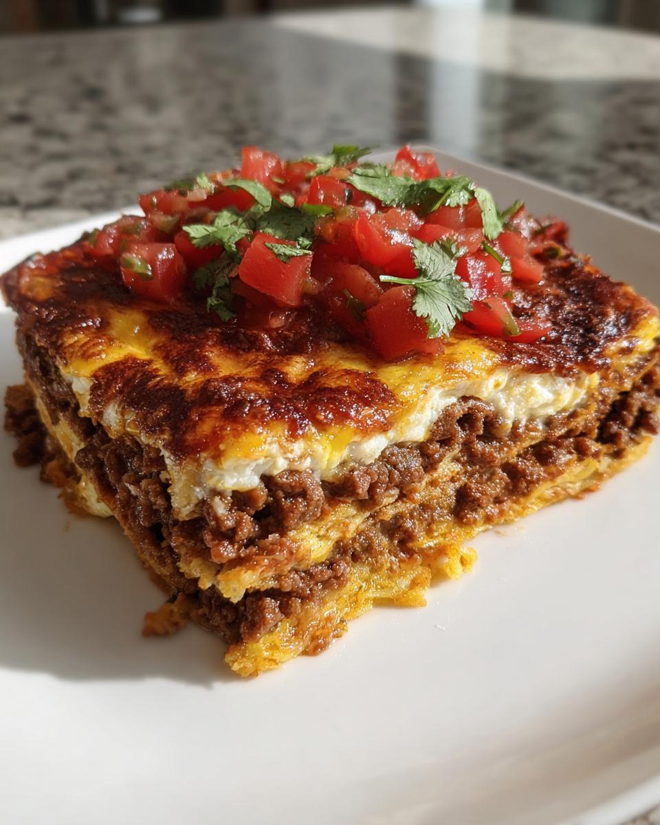 A square slice of layered taco pie featuring seasoned ground beef, melted cheese, and topped with fresh diced tomatoes and cilantro.